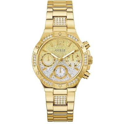 GUESS Harlow damklocka med datumvisning, kubisk zirkonia, guld rostfritt stålrem, mineralglas, tvåfärgad urtavla, 5 bar, fodraldiameter: 38 mm, GW0950L2 GUESS Harlow damklocka med datumvisning, kubisk zirkonia, guld rostfritt stålrem, mineralglas, tvåfärgad urtavla, 5 bar, fodraldiameter: 38 mm, GW0950L2