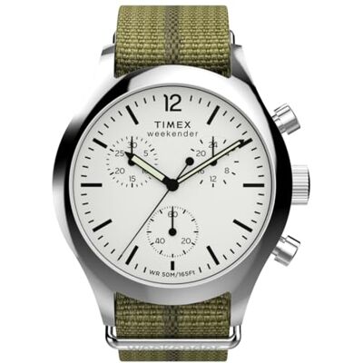 Timex TW2Y15700 Weekender New England kronograf på 40 mm för män – grön miljövänlig tygrem med vit urtavla Timex TW2Y15700 Weekender New England kronograf på 40 mm för män – grön miljövänlig tygrem med vit urtavla