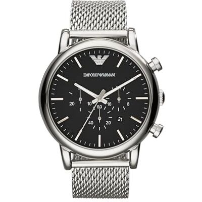 Giorgio Armani Klocka för män, kvarts kronografrörelse och 46 mm boettstorlek med armband i rostfritt stål Giorgio Armani Klocka för män, kvarts kronografrörelse och 46 mm boettstorlek med armband i rostfritt stål