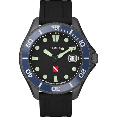 Timex Deep Water Automatic 44 mm herrklocka Svart syntetiskt snabbfrigörande gummiarmband, svart urtavla, metallgrå boett TW2W21100 Timex Deep Water Automatic 44 mm herrklocka Svart syntetiskt snabbfrigörande gummiarmband, svart urtavla, metallgrå boett TW2W21100