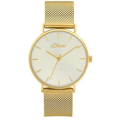 s.Oliver Analog kvartsklocka för kvinnor med armband i rostfritt stål, guld, 3 bar vattentät, levereras i presentförpackning för klocka, 2033517 s.Oliver Analog kvartsklocka för kvinnor med armband i rostfritt stål, guld, 3 bar vattentät, levereras i presentförpackning för klocka, 2033517