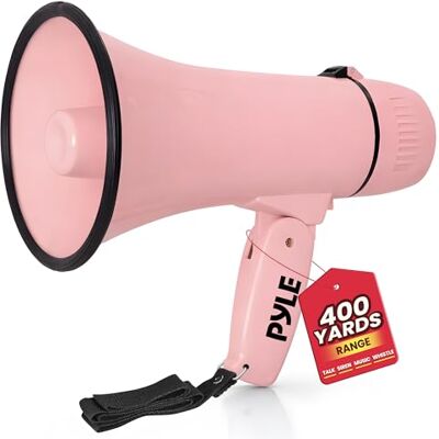 Pyle 20W Megaphone Bullhorn Portable, Automatic Siren & Adjustable Volume,Projection Range Up to 400 Square Yards, Aux Input, Talk, Siren, Music, Whistle, & Record, Shoulder Strap (Pink) Pyle 20W Megaphone Bullhorn Portable, Automatic Siren & Adjustable Volume,Projection Range Up to 400 Square Yards, Aux Input, Talk, Siren, Music, Whistle, & Record, Shoulder Strap (Pink)