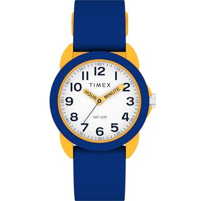 Timex Time Machines klocka på 30 mm för barn – blå silikonrem, vit urtavla, gul boett, TW2W92100 Timex Time Machines klocka på 30 mm för barn – blå silikonrem, vit urtavla, gul boett, TW2W92100