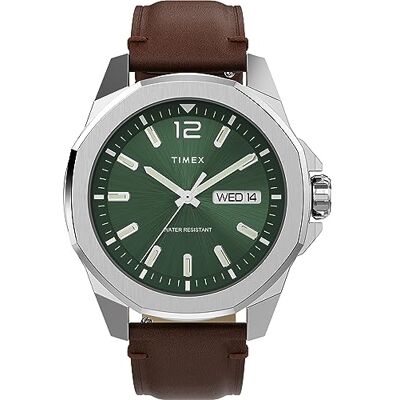 Timex Trend 46 mm herrklocka Brunt snabbfrigörande läderarmband i två delar, grön urtavla, silverfärgad boett TW2W14000 Timex Trend 46 mm herrklocka Brunt snabbfrigörande läderarmband i två delar, grön urtavla, silverfärgad boett TW2W14000