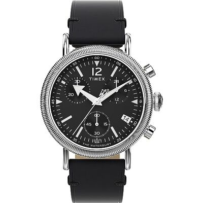 Timex Waterbury Chronograph 40 mm herrklocka Svart snabbfrigörande läderarmband i två delar, svart urtavla, silverfärgad boett TW2W20600 Timex Waterbury Chronograph 40 mm herrklocka Svart snabbfrigörande läderarmband i två delar, svart urtavla, silverfärgad boett TW2W20600