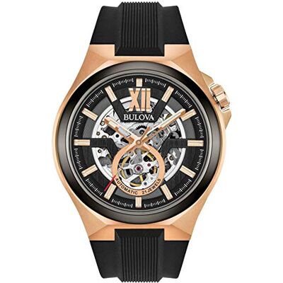 Bulova mäns analog automatisk klocka med silikonrem 98A177, Svart, armband Bulova mäns analog automatisk klocka med silikonrem 98A177, Svart, armband