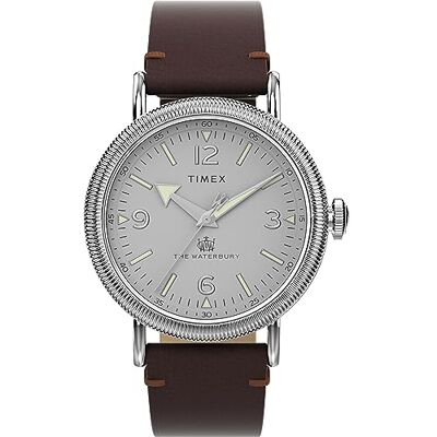 Timex Waterbury 40 mm herrklocka Brunt tvådelat snabbfrigörande armband, silverfärgad urtavla, silverfärgad boett TW2W20300 Timex Waterbury 40 mm herrklocka Brunt tvådelat snabbfrigörande armband, silverfärgad urtavla, silverfärgad boett TW2W20300