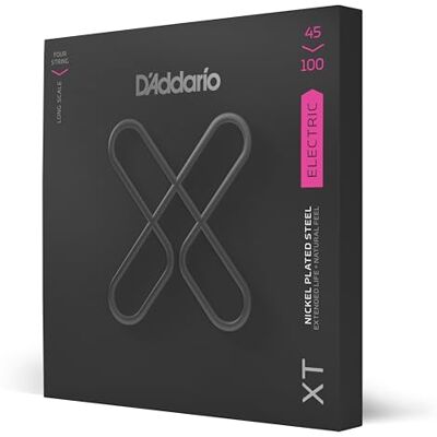 D'Addario Basgitarrsträngar, XT, belagd, elektrisk, XTB45100, vanlig ljus, 45–100, 4-strängad uppsättning, förpackning med 1 D'Addario Basgitarrsträngar, XT, belagd, elektrisk, XTB45100, vanlig ljus, 45–100, 4-strängad uppsättning, förpackning med 1
