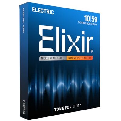Elixir Strängar för elgitarr, elgitarrsträngar, nickelpläterade med NANOWEB-beläggning, långvariga skarpa toner med bekväm känsla, set med 7 strängar, Light/Heavy 10-59 Elixir Strängar för elgitarr, elgitarrsträngar, nickelpläterade med NANOWEB-beläggning, långvariga skarpa toner med bekväm känsla, set med 7 strängar, Light/Heavy 10-59