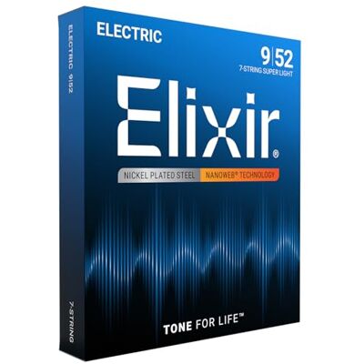Elixir Strängar för elgitarr, elgitarrsträngar, nickelpläterade med NANOWEB-beläggning, långvariga skarpa toner med bekväm känsla, set med 7 strängar, Super Light 9-52 Elixir Strängar för elgitarr, elgitarrsträngar, nickelpläterade med NANOWEB-beläggning, långvariga skarpa toner med bekväm känsla, set med 7 strängar, Super Light 9-52