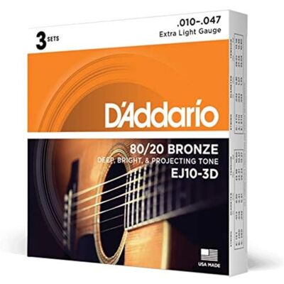 D'Addario EJ10-3D 80/20 Bronsfärgade Akustiska Gitarrsträngar, Extra Lätt, 10-47, 3 Sets D'Addario EJ10-3D 80/20 Bronsfärgade Akustiska Gitarrsträngar, Extra Lätt, 10-47, 3 Sets