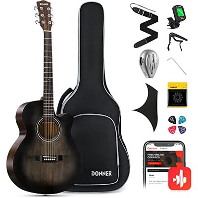 Donner Akustisk gitarr 4/4 nybörjargitarr, startpaket med 100 cm utskuren med pickupväska, tuner, capo-rem, minijumbo för vuxna, resor, tonåring, högerhand, svart Donner Akustisk gitarr 4/4 nybörjargitarr, startpaket med 100 cm utskuren med pickupväska, tuner, capo-rem, minijumbo för vuxna, resor, tonåring, högerhand, svart