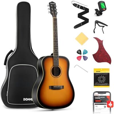 Donner akustisk gitarr full storlek gitarr 4/4 Dreadnought 104 cm gitarrkit för nybörjare med spelväska capo plektrum tuner remsträngar (Sunburst) Donner akustisk gitarr full storlek gitarr 4/4 Dreadnought 104 cm gitarrkit för nybörjare med spelväska capo plektrum tuner remsträngar (Sunburst)
