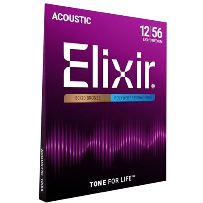 Elixir Gitarrsträngar för akustisk gitarr, 80/20-brons med POLYWEB-beläggning, varm ton med längsta hållbarhet och bekväm spelkänsla, set med 6 strängar, Light/Medium 12-56 Elixir Gitarrsträngar för akustisk gitarr, 80/20-brons med POLYWEB-beläggning, varm ton med längsta hållbarhet och bekväm spelkänsla, set med 6 strängar, Light/Medium 12-56