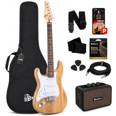 Pyle E-Gitarr Set för Linkshänder i Fullstorlek med 5W Förstärkare, Gigbag, Plektrum, Ersättningssträngar och Rem, ST-Stil Nybörjargitarrpaket med 22 Band, Paulownia Träkropp, Natural Pyle E-Gitarr Set för Linkshänder i Fullstorlek med 5W Förstärkare, Gigbag, Plektrum, Ersättningssträngar och Rem, ST-Stil Nybörjargitarrpaket med 22 Band, Paulownia Träkropp, Natural