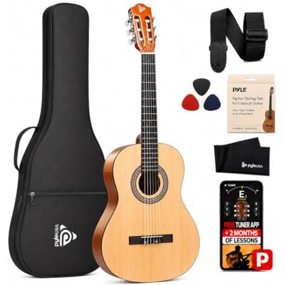 Pyle Beginner 36” Classical Acoustic Guitar 3/4 Junior Size 6 String Linden Wood Guitar w/Gig Bag, Tuner, Nylon Strings, Picks, Strap, For Beginners, Adults Pyle Beginner 36” Classical Acoustic Guitar 3/4 Junior Size 6 String Linden Wood Guitar w/Gig Bag, Tuner, Nylon Strings, Picks, Strap, For Beginners, Adults