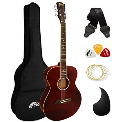Tiger ACG2-RD akustisk gitarruppsättning – röd Med Gigbag, rem, scratchplatta och ersättningssträngar, stålsträngar gitarr i kastanjefärg nybörjare Tiger ACG2-RD akustisk gitarruppsättning – röd Med Gigbag, rem, scratchplatta och ersättningssträngar, stålsträngar gitarr i kastanjefärg nybörjare