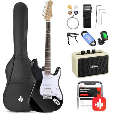 Donner 39 tums elgitarr nybörjarkit svart full storlek startpaket HSS plocka upp med alla tillbehör amp online lektionsväska tuner capo rem sträng amp kabelplektrum DST-100B Donner 39 tums elgitarr nybörjarkit svart full storlek startpaket HSS plocka upp med alla tillbehör amp online lektionsväska tuner capo rem sträng amp kabelplektrum DST-100B