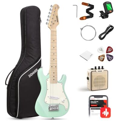 Donner 30 tum barn junior elgitarr nybörjarkit ST-stil mini gitarr premiumpaket med förstärkare, tuner, capo, väska, rem, sträng, kabel (DSJ-100, mintgrön) Mini elgitarr för pojkar flickor med Amp, 600D väska, tuner, plektrum, kabel, rem, extra strängar Donner 30 tum barn junior elgitarr nybörjarkit ST-stil mini gitarr premiumpaket med förstärkare, tuner, capo, väska, rem, sträng, kabel (DSJ-100, mintgrön) Mini elgitarr för pojkar flickor med Amp, 600D väska, tuner, plektrum, kabel, rem, extra strängar