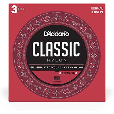 D'Addario gitarrsträngar – klassiska nylongitarrsträngar – EJ27N klassiska gitarrsträngar – silverpläterad wrap, nylonkärna, klara studentnylondiskanter – normal spänning, 3-pack D'Addario gitarrsträngar – klassiska nylongitarrsträngar – EJ27N klassiska gitarrsträngar – silverpläterad wrap, nylonkärna, klara studentnylondiskanter – normal spänning, 3-pack