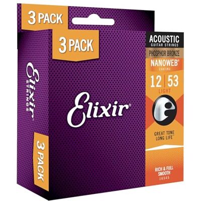 Elixir strängar, akustiska gitarrsträngar, fosforbrons med NANOWEB-beläggning, långvarig fyllig och full ton med behaglig spelkänsla, 3-pack, ljus 12-53 Elixir strängar, akustiska gitarrsträngar, fosforbrons med NANOWEB-beläggning, långvarig fyllig och full ton med behaglig spelkänsla, 3-pack, ljus 12-53