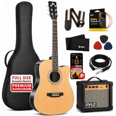 Pyle Akustisk elektrisk utskärningsgitarr och förstärkare kit full skala 104 cm stålsträng gran trä med spelväska, 4-band EQ, clip-on och inbyggd tuner, plektrum, axelrem för nybörjare och studenter Pyle Akustisk elektrisk utskärningsgitarr och förstärkare kit full skala 104 cm stålsträng gran trä med spelväska, 4-band EQ, clip-on och inbyggd tuner, plektrum, axelrem för nybörjare och studenter