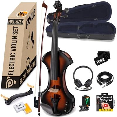 Pyle E-Violins Set i Fullstorlek, 4/4 Massivträ Silent Violin med Hård Fodral, Extra Strängset, Båge och Ebenholtsbeslag för Elever, Nybörjare & Avancerade Pyle E-Violins Set i Fullstorlek, 4/4 Massivträ Silent Violin med Hård Fodral, Extra Strängset, Båge och Ebenholtsbeslag för Elever, Nybörjare & Avancerade