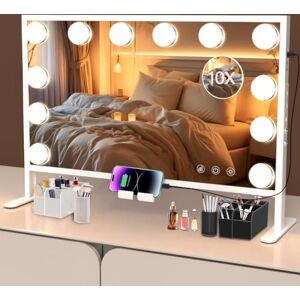 BESTOPE PRO höjdjusterbar Hollywood sminkspegel med mobiltelefonhållare 60 x 35 cm, 15 LED-lampor touch-dimbar badrumsspegel, 3 färglägen bordsspegel, väggspegel med 10 x förstoring, vit BESTOPE PRO höjdjusterbar Hollywood sminkspegel med mobiltelefonhållare 60 x 35 cm, 15 LED-lampor touch-dimbar badrumsspegel, 3 färglägen bordsspegel, väggspegel med 10 x förstoring, vit