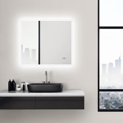 Talos Sun badrumsspegel med belysning – LED-badrumsspegel 80 x 70 cm – väggspegel med LED-ljusram – spegel med ljusfärg neutral vit – ljusspegel med digital klocka Talos Sun badrumsspegel med belysning – LED-badrumsspegel 80 x 70 cm – väggspegel med LED-ljusram – spegel med ljusfärg neutral vit – ljusspegel med digital klocka