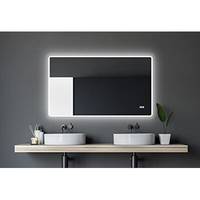 Talos Sun badrumsspegel med belysning – LED-badrumsspegel 120 x 70 cm – väggspegel med LED-ljusram – spegel med ljusfärg neutral vit – ljusspegel med digital klocka Talos Sun badrumsspegel med belysning – LED-badrumsspegel 120 x 70 cm – väggspegel med LED-ljusram – spegel med ljusfärg neutral vit – ljusspegel med digital klocka