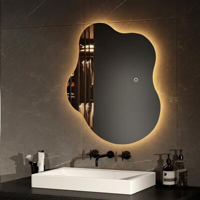 EMKE Upplyst badrumsspegel, 60 x 50 cm, ramlös badrumsspegel, med touchbrytare, imskydd, minnesfunktion, 3 timmars automatisk avstängning, 3 LED-ljusfärger EMKE Upplyst badrumsspegel, 60 x 50 cm, ramlös badrumsspegel, med touchbrytare, imskydd, minnesfunktion, 3 timmars automatisk avstängning, 3 LED-ljusfärger