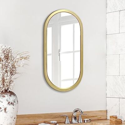 Americanflat 30 x 61 cm guld oval spegel – inramad oval badrumsspegel, vardagsrum, sovrum – oval sminkspegel med vertikal montering – modern rundad ram Americanflat 30 x 61 cm guld oval spegel – inramad oval badrumsspegel, vardagsrum, sovrum – oval sminkspegel med vertikal montering – modern rundad ram