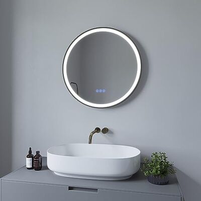 AQUABATOS ® Badrumsspegel med belysning, rund, 60 cm, svart ram, LED, väggspegel, badrumsspegel, imfri, spegelvärme, ljusspegel, 3 ljusfärger, dimbar, touchströmbrytare för väggströmbrytare AQUABATOS ® Badrumsspegel med belysning, rund, 60 cm, svart ram, LED, väggspegel, badrumsspegel, imfri, spegelvärme, ljusspegel, 3 ljusfärger, dimbar, touchströmbrytare för väggströmbrytare