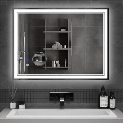 Mondeer LED-badrumsspegel med belysning, 80 × 60 cm väggspegel med touchströmbrytare anti-dimma och 5 x förstoringsglas, 3 ljusfärger dimbar för badrum (3 000 K–6500 K) Mondeer LED-badrumsspegel med belysning, 80 × 60 cm väggspegel med touchströmbrytare anti-dimma och 5 x förstoringsglas, 3 ljusfärger dimbar för badrum (3 000 K–6500 K)