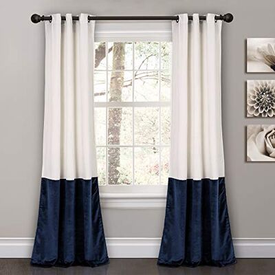 Lush Decor Frodig dekor Prima sammetsgardiner färgblock ljusfiltrering fönsterpanel set för vardagsrum, matsal, sovrum (par), 96 cm B x 213 cm L, vit och marinblå Lush Decor Frodig dekor Prima sammetsgardiner färgblock ljusfiltrering fönsterpanel set för vardagsrum, matsal, sovrum (par), 96 cm B x 213 cm L, vit och marinblå