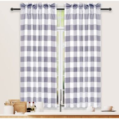 Simple Deluxe Buffalo Rutig rutiga köksgardiner, kort litet fönster Gingham-gardin för café, badrum, köksstång fickgardiner, 66 cm B x 114 cm L, vit och grå Simple Deluxe Buffalo Rutig rutiga köksgardiner, kort litet fönster Gingham-gardin för café, badrum, köksstång fickgardiner, 66 cm B x 114 cm L, vit och grå
