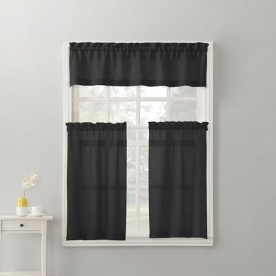 No. 918 Martine Microfiber Semi-Sheer Rod Pocket Kitchen Curtain Valance and Tiers Set, 54" x 36", Black No. 918 Martine Microfiber Semi-Sheer Rod Pocket Kitchen Curtain Valance and Tiers Set, 54" x 36", Black