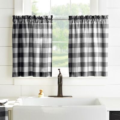 Elrene Buffalo rutigt fönster köksset, 100% bomull, svart/vit, 76 cm x 91 cm (uppsättning av 2 Elrene Buffalo rutigt fönster köksset, 100% bomull, svart/vit, 76 cm x 91 cm (uppsättning av 2