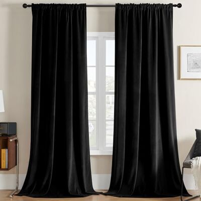 Joydeco sammetsgardiner 274 cm långa 2 paneler, lyxig mörkläggning värmeisolerad, supermjuk stång ficka fönsterdraperier för sovrum vardagsrum, matsal, svart, B 132 x L 108 Joydeco sammetsgardiner 274 cm långa 2 paneler, lyxig mörkläggning värmeisolerad, supermjuk stång ficka fönsterdraperier för sovrum vardagsrum, matsal, svart, B 132 x L 108
