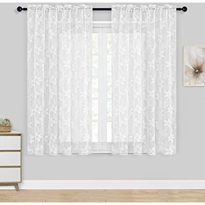 DWCN Vit blommig spets genomskinliga gardiner – stång ficka fönster voile genomskinliga gardiner för sovrum kök korta gardiner 132 x 114 cm längd, set med 2 gardinpaneler DWCN Vit blommig spets genomskinliga gardiner – stång ficka fönster voile genomskinliga gardiner för sovrum kök korta gardiner 132 x 114 cm längd, set med 2 gardinpaneler