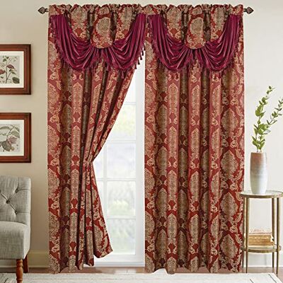 Elegant Comfort Elegant bekväm jacquard-look gardin panel set med bifogad vattenfallskrans, (set med 2), 137 x 213 cm, vinröd/guld Elegant Comfort Elegant bekväm jacquard-look gardin panel set med bifogad vattenfallskrans, (set med 2), 137 x 213 cm, vinröd/guld