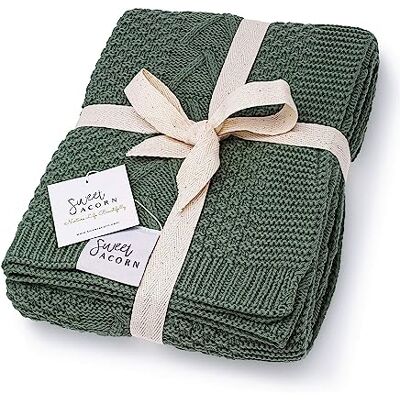 Sweet Acorn Söt ekollon stickad babyfilt i kabelmönster, ekologisk bomullsfilt för spjälsäng eller barnvagn, mottagande filtar enbär grön Sweet Acorn Söt ekollon stickad babyfilt i kabelmönster, ekologisk bomullsfilt för spjälsäng eller barnvagn, mottagande filtar enbär grön