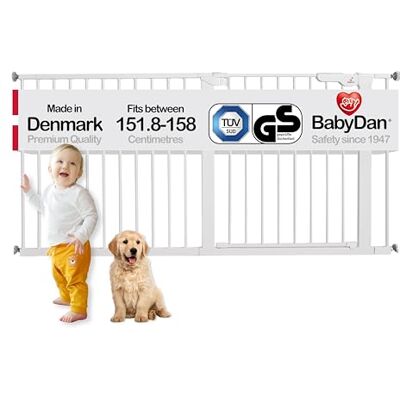 BabyDan Premier, extra bred tryckpassad trappgrind, 152–158 cm, babygrind/säkerhetsgrind, metall, vit, tillverkad i Danmark – (husdjursgrind/hundgrind) BabyDan Premier, extra bred tryckpassad trappgrind, 152–158 cm, babygrind/säkerhetsgrind, metall, vit, tillverkad i Danmark – (husdjursgrind/hundgrind)