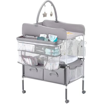 VEVOR Baby skötbord, vikbar blöjbytesstation med 2 tyglådor, sidokorg och hängande stång, justerbar höjd, bärbart skötbord med låsbara hjul och 2-stjärniga leksaker, ljusgrå VEVOR Baby skötbord, vikbar blöjbytesstation med 2 tyglådor, sidokorg och hängande stång, justerbar höjd, bärbart skötbord med låsbara hjul och 2-stjärniga leksaker, ljusgrå