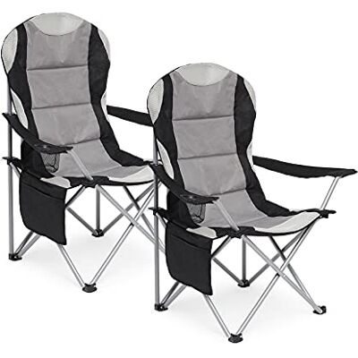 Mondeer Campingstolar set med 2, vadderade hopfällbara stolar med hög rygg med mugghållare och sidofickor för camping fiskepicknick, upp till 120 kg, mörkgrå Mondeer Campingstolar set med 2, vadderade hopfällbara stolar med hög rygg med mugghållare och sidofickor för camping fiskepicknick, upp till 120 kg, mörkgrå