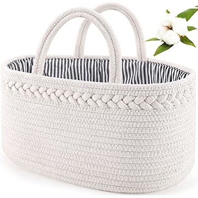 ABenkle Baby blöja Caddy Organizer handgjord bomullsrep barnkammare förvaringsfack för pojkar/flickor, bärbar skötförvaringskorg för skötbord/bil – perfekt för baby shower, jul (vit) ABenkle Baby blöja Caddy Organizer handgjord bomullsrep barnkammare förvaringsfack för pojkar/flickor, bärbar skötförvaringskorg för skötbord/bil – perfekt för baby shower, jul (vit)