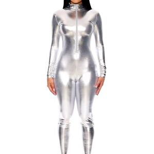 Forplay Dam metallisk dragkedja fram mocka hals kattkostym, SILVER, M/L Forplay Dam metallisk dragkedja fram mocka hals kattkostym, SILVER, M/L