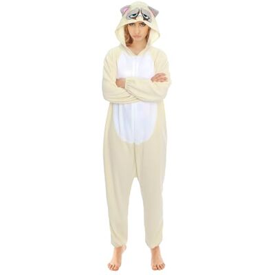 Chaks – Kostym Grumpy Cat, overall med huva, onesie för vuxna, djurdräkt för karneval, temafest Chaks – Kostym Grumpy Cat, overall med huva, onesie för vuxna, djurdräkt för karneval, temafest