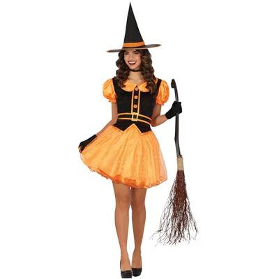 FIESTAS GUIRCA Förtrollad orange häxdräkt för kvinnor inkluderar häxhatt och orange klänning med glittrande stjärnor halloweendräkter för kvinnor, storlek M FIESTAS GUIRCA Förtrollad orange häxdräkt för kvinnor inkluderar häxhatt och orange klänning med glittrande stjärnor halloweendräkter för kvinnor, storlek M