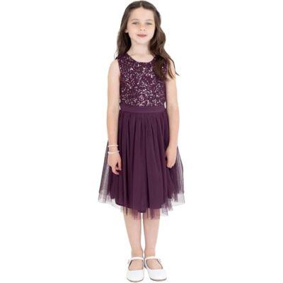 Maya Deluxe Midi-klänning för flickor, paljetter, utsmyckad, fest, tutu, brudtärnor, bröllop med bältesrosett, Bär, 9-10 År Maya Deluxe Midi-klänning för flickor, paljetter, utsmyckad, fest, tutu, brudtärnor, bröllop med bältesrosett, Bär, 9-10 År